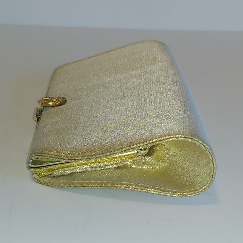 Gold Fabric Clutch Crystal Flower Clasp - Picture 7 of 8